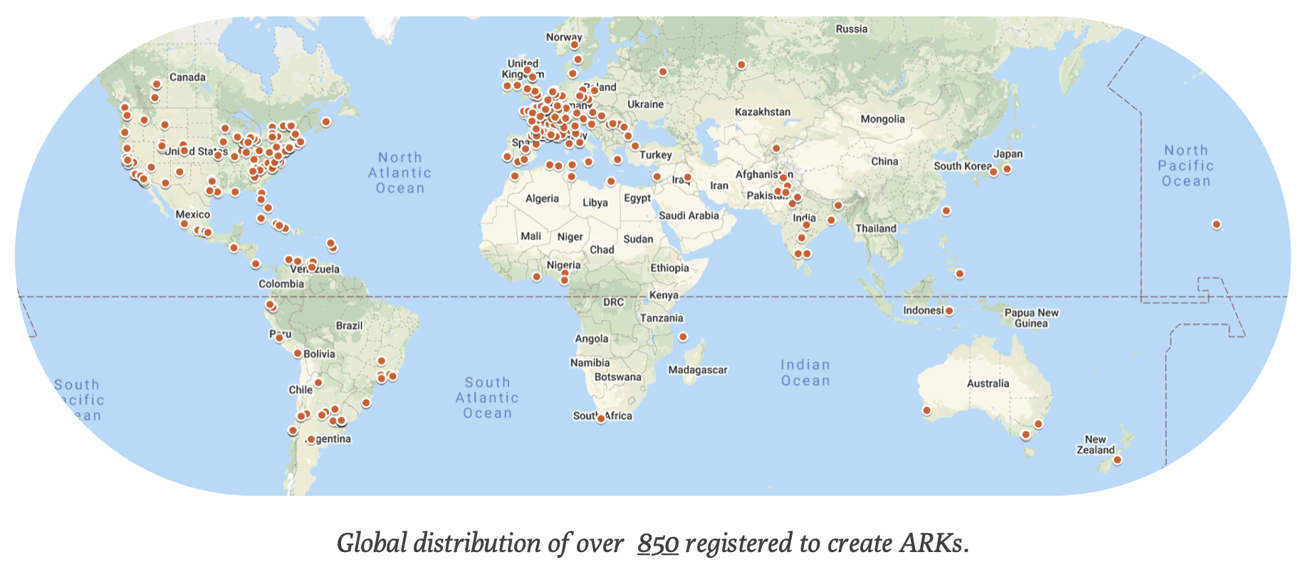 Map showing global distribution of ARK-assigning organizations in 2021.